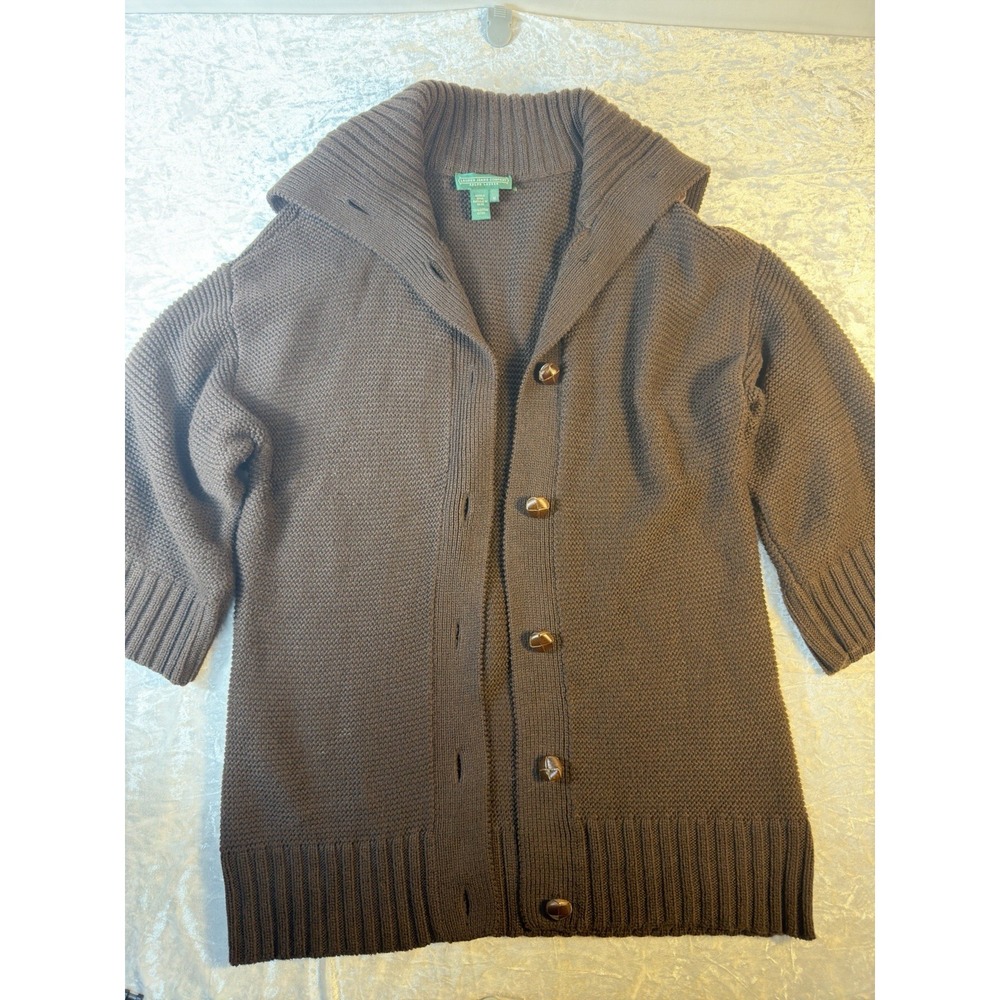 Lauren Ralph Lauren Cardigan Women M Brown Chunky Knit Shawl Collar Cotton